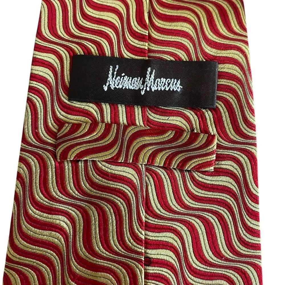 Neiman Marcus Silk Tie Necktie Cravat Red Gold Geometric Handmade in Italy